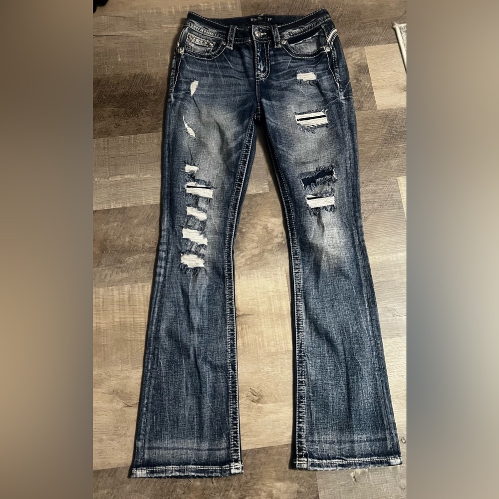 Miss Me Dark Blue Distressed Flare Jeans
